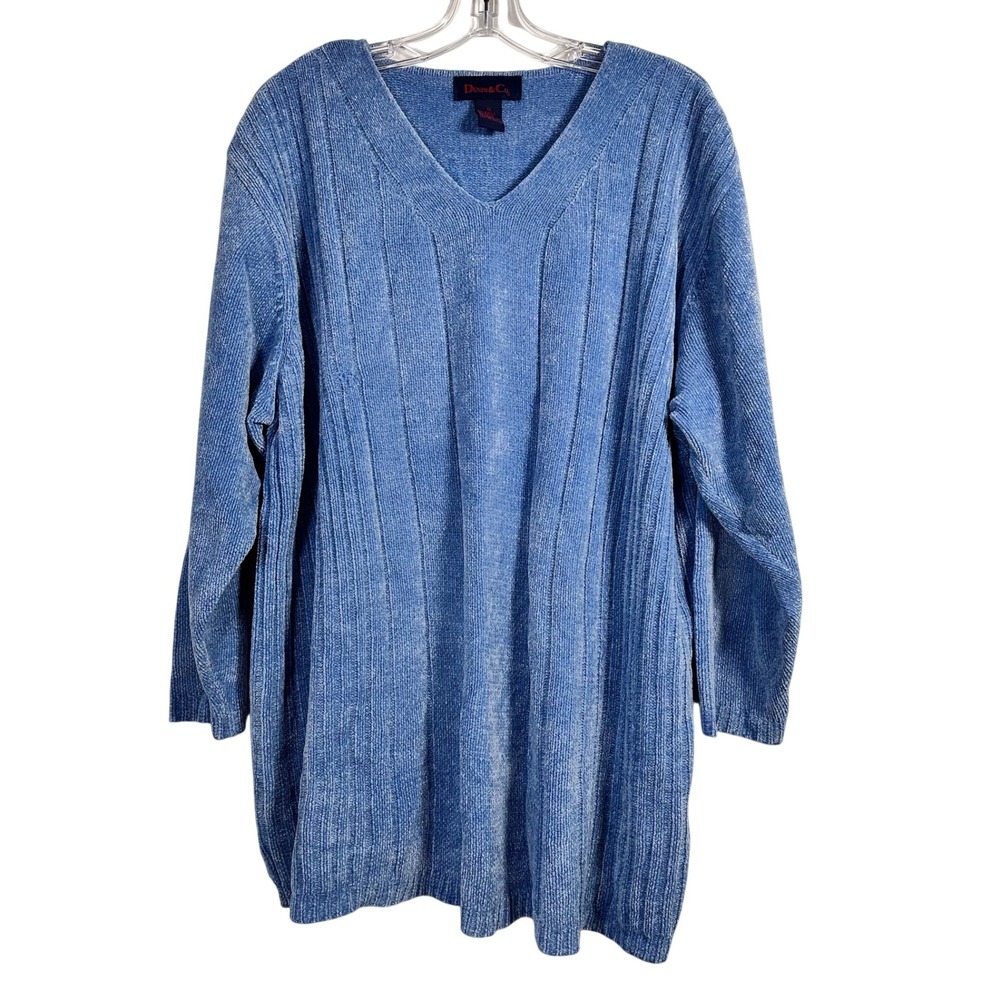 Denim & Co Mens Blue Chenille Ribbed V-Neck Sweater Long Sleeve Tunic 1X